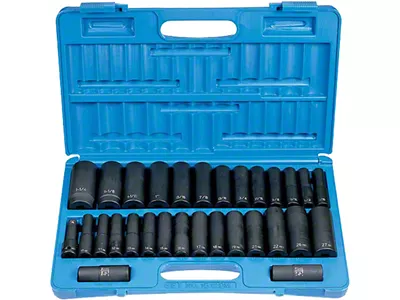 Grey Pneumatic 1/2-Inch Drive Deep Length SAE Impact Socket Set; 6-Point; 30-Piece