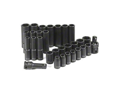 Grey Pneumatic 1/2-Inch Drive Standard and Deep Length Metric Impact Socket Set; 6-Point; 30-Piece