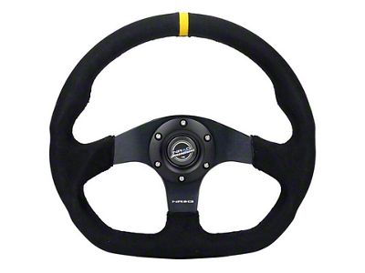 NRG Innovations 320mm Flat Bottom Dual Button Steering Wheel; Black Alcantara with Yellow Center Mark (Universal; Some Adaptation May Be Required)