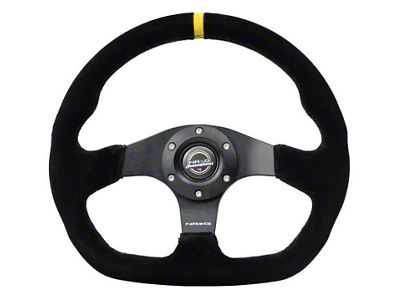 NRG Innovations 320mm Flat Bottom Dual Button Steering Wheel; Black Suede with Yellow Center Mark (Universal; Some Adaptation May Be Required)