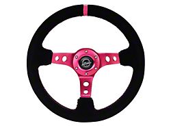 NRG Innovations 350mm 3-Inch Deep Dish Steering Wheel; Black Suede with Fushia Center Mark, Stitching and Center Spoke (Universal; Some Adaptation May Be Required)