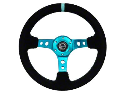 NRG Innovations Reinforced Steering Wheel 350mm/ 3in. Deep Black Suede/ Teal - RST-006S-TL