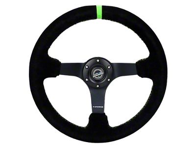 NRG Innovations 350mm 3-Inch Deep Dish Steering Wheel; Black Suede with Neon Green Stitching and Center Mark (Universal; Some Adaptation May Be Required)