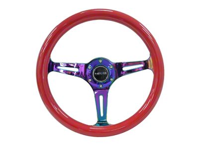 NRG Innovations Classic Wood Grain 350mm Steering Wheel; Neochrome and Red (Universal; Some Adaptation May Be Required)