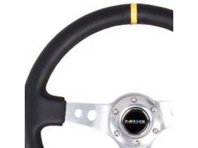 NRG Innovations 350mm 3-Inch Deep Dish Steering Wheel; Black Leather with Silver Spokes and Yellow Center Mark (Universal; Some Adaptation May Be Required)