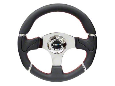 NRG Innovations Reinforced Steering Wheel 320mm Blk Leather/Red Stitching w/Chrome 3-Spoke - RST-008R