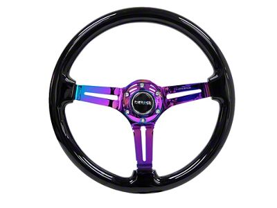 NRG Innovations 350mm 3-Inch Deep Dish Wood Steering Wheel with Slit Spokes; Black and Neochrome (Universal; Some Adaptation May Be Required)