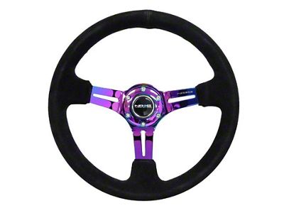 NRG Innovations 350mm 3-Inch Deep Dish Steering Wheel; Black Suede with Red Stitching and Neochrome Spokes (Universal; Some Adaptation May Be Required)