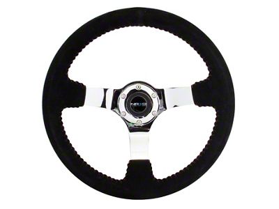 NRG Innovations 350mm 3-Inch Deep Dish Steering Wheel; Black Suede with Red Stitching and Chrome Spokes (Universal; Some Adaptation May Be Required)