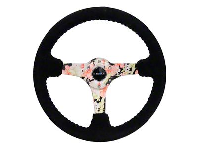 NRG Innovations 350mm 3-Inch Deep Dish Steering Wheel; Black Suede with Black Stitching and Hydro-Dripped Floral Spokes (Universal; Some Adaptation May Be Required)