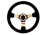 NRG Innovations 350mm 3-Inch Deep Dish Steering Wheel; Black Suede with Red Stitching and Chrome Gold Spokes (Universal; Some Adaptation May Be Required)