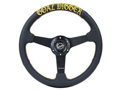 NRG Innovations 350mm Flat Steering Wheel; Black Perforated Leather and Goal Digger Gold Stitching (Universal; Some Adaptation May Be Required)