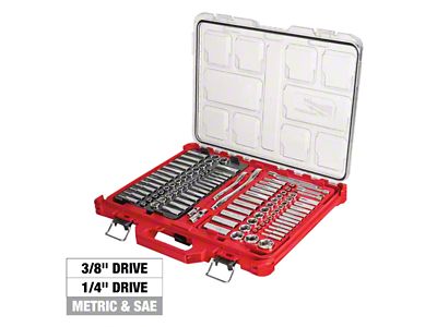 Milwaukee Tool 1/4-Inch and 3/8-Inch Metric and SAE Ratchet and Socket Set with PACKOUT Low-Profile Organizer; 106-Piece